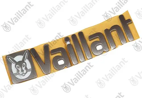 Vaillant Firmenschild mit 3D-Logo und Schriftzug, in silberner Farbe auf gelbem Hintergrund, zur Anbringung als Kennzeichnung oder Markenzeichen.